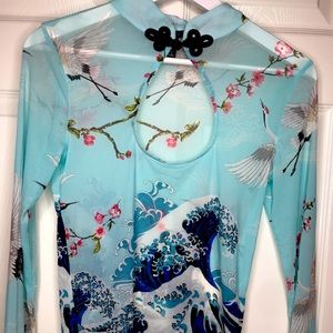 Asian Inspired See-Through Crop Long Sleeve Top